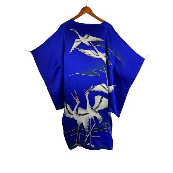 Vintage Tian 100% Silk Kimono Crane Design Blue & White - Picture 2 of 4